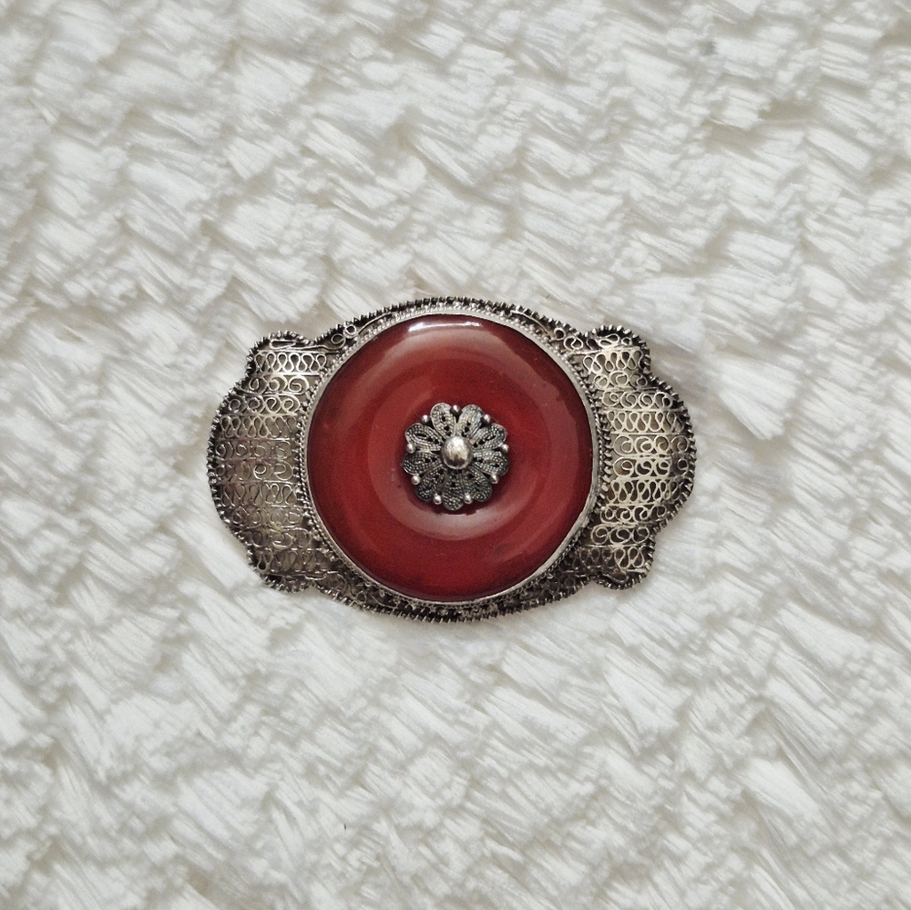 Antique Sterling Silver Carnelian Filigree Brooch Pin